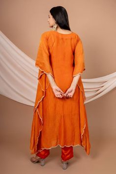 Orange tissue kaftan with floral scalloped hand embroidered neckline. Comes with straight pant. - Aza Fashions V Neck Kaftan, Embroidered Kaftan, Embroidered Neckline, Fashion App, Pant Set, Straight Pants, Set For Women, Flared Sleeves, Aza Fashion