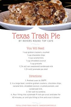 a recipe for texas trash pie on a plate