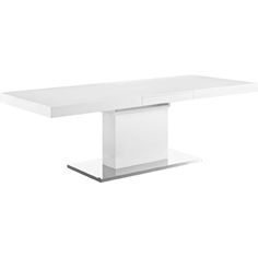 a white dining table with an extendable pedestal on the bottom, and a square shaped top