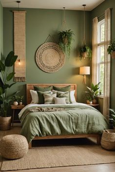 a bedroom with green walls and plants on the wall