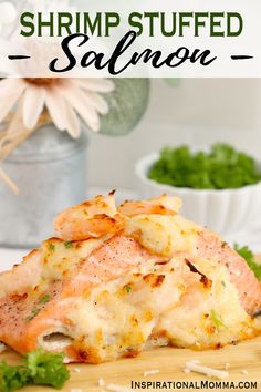 salmon stuffed with cheese and herbs on a cutting board