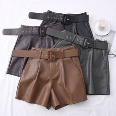 PU Leather Sashes Wide Leg Shorts | Uniqistic.com Short Cuir, Leather Shorts Women, Women Shorts, Belted Shorts, Shorts Women, Leather Shorts, Fashion Pants, Leather Women, High Fashion