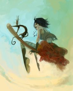 a painting of a woman holding a bow and arrow in the air with clouds behind her