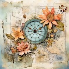 a clock surrounded by flowers and leaves on top of a piece of paper with map in the background