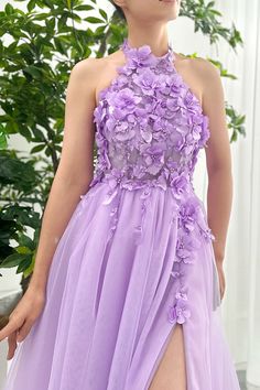 Lavender Gowns Elegant Wedding, Prom Dresses Fairy, Lavender Purple Wedding, 3d Floral Dress, Dresses Fairy, Lavender Midi Dress, 3d Applique, Tulle Prom Dresses, Purple Wedding Dress