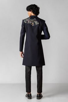 Navy blue achkan with kathdana and bird motif emboidery. Paired with solid straight pant. - Aza Fashions Fitted Cotton Sherwani With Floral Embroidery, Designer Embroidered Cotton Sherwani, Fitted Bandhgala With Embroidered Sleeves For Eid, Festive Fitted Traditional Wear With Embroidery, Cotton Kurta With Embroidery For Diwali, Fitted Dabka Kurta For Workwear, Fitted Kurta With Embroidered Sleeves And Traditional Drape, Designer Cotton Fitted Sherwani, Designer Fitted Cotton Sherwani