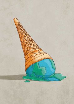 an ice cream cone with the earth melting on it's side is shown in this illustration