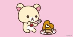 a cartoon bear eating food next to a plate with pancakes on it and holding a fork