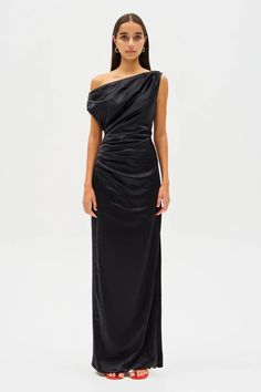 ASTER SATIN GOWN – MISHA Black Tie Wedding Guest Attire, Formal Wedding Guest Attire, Black Formal Gown, Black Wedding Gowns, Wedding Guest Attire, Black Tie Attire, Floral Bridesmaid Dresses, Black Tie Wedding Guests, Dress Code Wedding