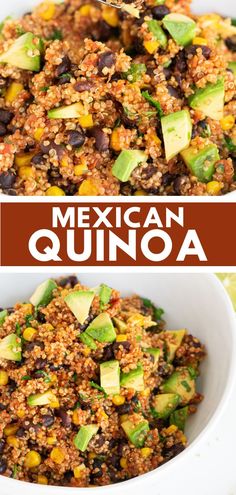 mexican quinoa salad with avocado and black beans in a white bowl