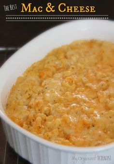 macaroni and cheese in a white casserole dish