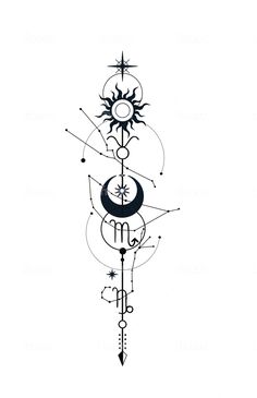 a black and white drawing of a sun, moon and stars on a pole with arrows