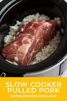 the slow cooker is filled with meat and onions