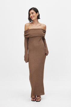 Knitted Offshoulder Midi Dress Brown Brown Ribbed Midi Sweater Dress, Brown Ribbed Midi Dress For Winter, Winter Brown Ribbed Midi Dress, Chic Off-shoulder Maxi Dress For Winter, Chic Off-shoulder Winter Maxi Dress, Elegant Off Shoulder Midi Dress For Fall, Brown Off-shoulder Evening Dress, Brown Maxi Dress For Fall Evening, Brown Maxi Dress For Evening In Fall