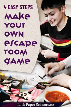 a young boy is making crafts with the words, make your own escape room game