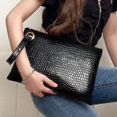 Beautiful Women Clutch Bag Color Is Black New With Tag Measurements Attached In The Pictures Perfect For Any Occasion Pu Leather Material Crocodile Purse, Black Clutch Bags, Clutch Purse Black, Michael Kors Clutch, Pink Clutch, Large Clutch, Canvas Clutch, Vintage Clutch, Clutch Purse Evening