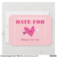 a pink valentine's day card with an arrow and heart on the front that says, i voucher redemable date for dinner for two