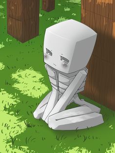 a white robot sitting in the grass next to a wooden fence with its eyes closed