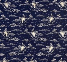 a blue background with white horses and people riding on the waves in the ocean or sea