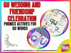 an advertisement for a wedding and friends celebration with pictures on the front cover, in rainbow colors