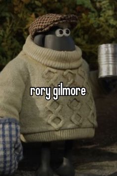 a cartoon character wearing a sweater and hat with the words rony glimore on it