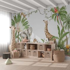 the children's room is decorated with tropical wallpaper and animal themed decor, including giraffes