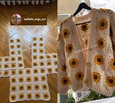 a crocheted sweater with sunflowers on the front and back, next to an