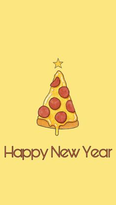 a happy new year card with a slice of pizza on the bottom and stars above it