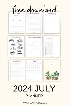 the free printable planner for july is shown with text overlaying it and images of potted plants