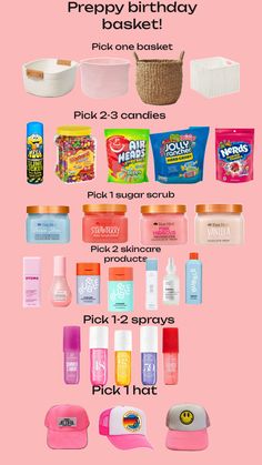 a pink poster with different types of items on it and the words preppy birthday pick one basket