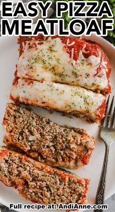 an easy pizza meatloaf recipe on a plate with a fork