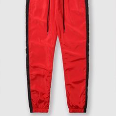 100% Polyester Drawstring Closure American Regular Fit Drawstring Waist / Two Slash Pockets / Back Right Pocket / Zip Bottom / Mesh Lining Machine Wash Windbreaker Track Pants, Mens Stripes, Track Pants, Drawstring Waist, Red Color, Victorious, Mens Pants, Sweatpants, Track