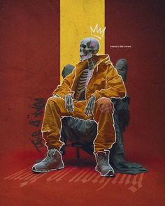 a painting of a skeleton sitting on top of a chair in front of a yellow and red wall