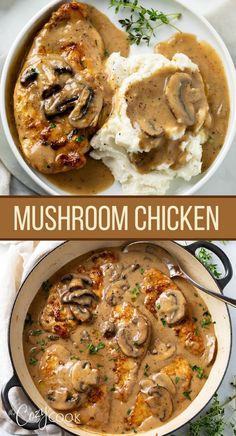 mushroom chicken topped with mushrooms and a brown gravy with a side of mashed potatoes Chicken With Gravy, Resep Steak, Chicken Mushroom Recipes, Resipi Kek, Potato Dinner, Avocado Dip, Food Garnishes, Mushroom Chicken, Health Dinner Recipes