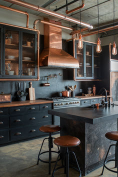 an industrial style kitchen with black cabinets and copper accents, along with bar stools