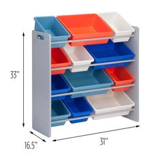 a toy storage unit with plastic bins on the top and bottom shelves in different colors