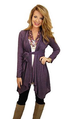 Super cute! Fall Long Sleeve Faux Wrap Cardigan, Fall Faux Wrap Long Sleeve Cardigan, Fall Wrap Cardigan For Day Out, Fall Wrap Outerwear For Day Out, Lavender Cardigan Outfit, Sweater Cardigan Outfit, 2015 Style, Boot Outfits, Clothing Website