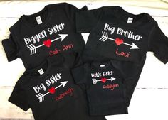 "Personalized Set of 4 brother and sister coordinating shirts! Any combination of 4 Bodysuits or shirts. Shown in heather gray with pink and sky blue accents. Wording (sister, brother etc) and accent colors can be changed (slide over photo) {OPTIONS} TO CHANGE TO LONG SLEEVE purchase this link too: https://etsy.me/2VsO6nd NEED AN EXTRA SHIRT? PURCHASE THIS LINK TOO: https://etsy.me/2GQoHM1 {COLORS} Colors will be as shown in the main photo unless another color is requested. If you would like to Custom Print Tops For Family Matching At Gender Reveal, Personalized Matching Crew Neck T-shirt, Family Matching Tops With Custom Print For Gender Reveal, Customizable Cute Tops For Gender Reveal, Customizable T-shirt For Family, Family Matching Custom Name T-shirt As A Gift, Family Matching Custom Name Cotton T-shirt, Family Matching T-shirt With Custom Name As Gift, Matching Family Personalized T-shirts