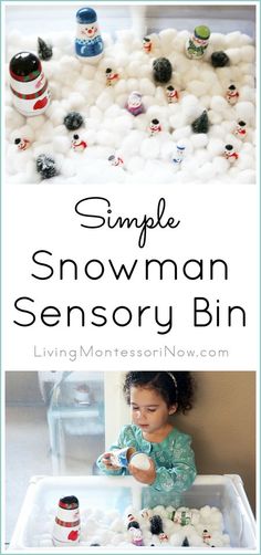 a child playing with snowman sensory bins in the playroom and text overlay reads, simple snowman sensory bins