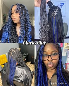 Royal Blue Knotless Braids, Blue And Black Hair Braids, Braids Color Combo Ideas, Blue Knotless Braids With Curls, Braids For Black Women Blue, Braids With Peekaboo Color, Blue Black Braids, Blue Peakaboobraids, Half And Half Braids Color