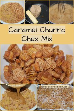 caramel churro chex mix is shown in four different pictures, including the ingredients