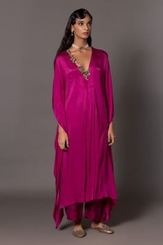 Pink kaftan featuring placed embroidered cluster patterns with beads, natural stones and pearls. Comes with a straight trouser. - Aza Fashions V-neck Kaftan With Embroidered Neckline For Festive, Festive V-neck Kaftan With Embroidered Neckline, V-neck Kurta For Eid Party, Elegant V-neck Kaftan For Festive Occasions, Bollywood Style V-neck Party Kaftan, Bohemian Wedding Kaftan With Embroidered Neckline, Party V-neck Kurta With Dupatta, Elegant V-neck Kaftan With Embroidered Neckline, Bollywood Style V-neck Kaftan For Eid