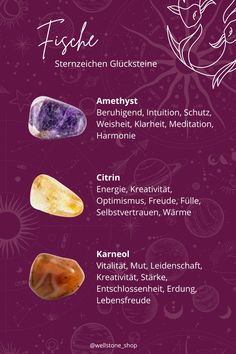 the different types of crystals are shown in this graphic style, with their names and meaningss