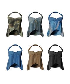 six different types of bras in various colors and sizes, all tied up to one side