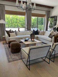 a living room filled with furniture and a fire place in front of a large window