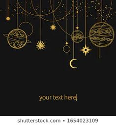 a black and gold christmas card with ornaments hanging from it's sides, on a dark background