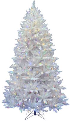 a white christmas tree with colorful lights on the top and bottom branches, against a white background