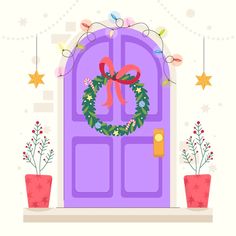 a purple door with a wreath on it