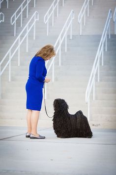 a woman in blue dress standing next to a black dog on leash with stairs behind her