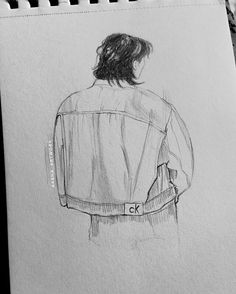 a drawing of a man in a jacket looking down at his left shoulder and back